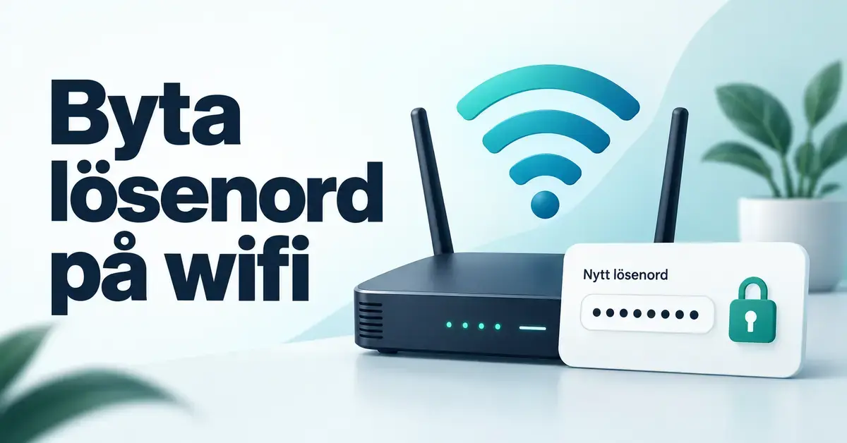 Illustration av en wifi-router, en wifi-symbol och ett lösenordsfält med hänglås intill texten ”Byta lösenord på wifi”.