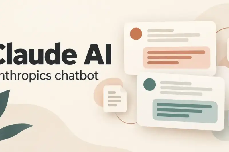 Illustration av Claude AI med chattrutor och symboler för text, analys och programmering i varma beige, terrakotta och gröna toner.