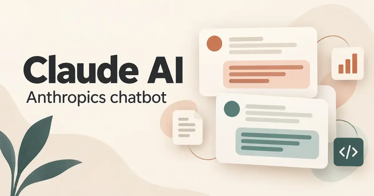 Illustration av Claude AI med chattrutor och symboler för text, analys och programmering i varma beige, terrakotta och gröna toner.