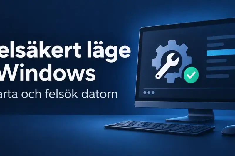 Illustration av en dator med kugghjul, skiftnyckel och grön bock bredvid texten ”Felsäkert läge i Windows – Starta och felsök datorn”.