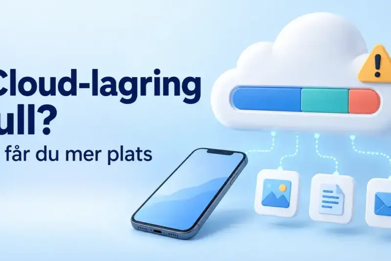 Illustration av full iCloud-lagring med ett moln, en fylld lagringsmätare, en varningssymbol och en mobiltelefon samt ikoner för bilder, dokument och e-post.
