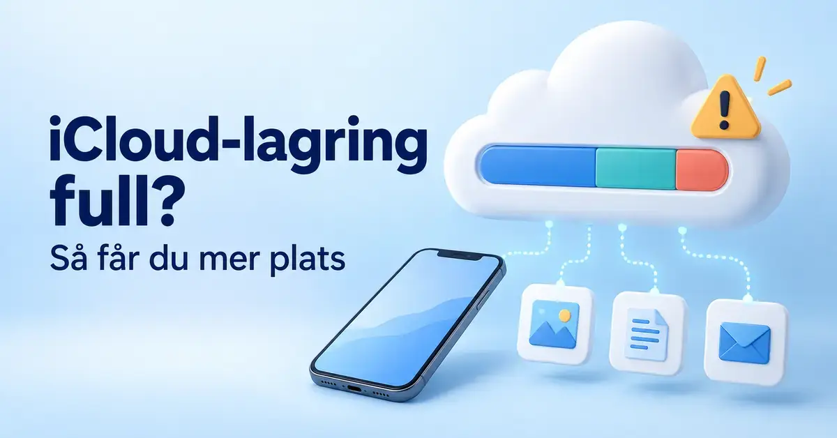 Illustration av full iCloud-lagring med ett moln, en fylld lagringsmätare, en varningssymbol och en mobiltelefon samt ikoner för bilder, dokument och e-post.
