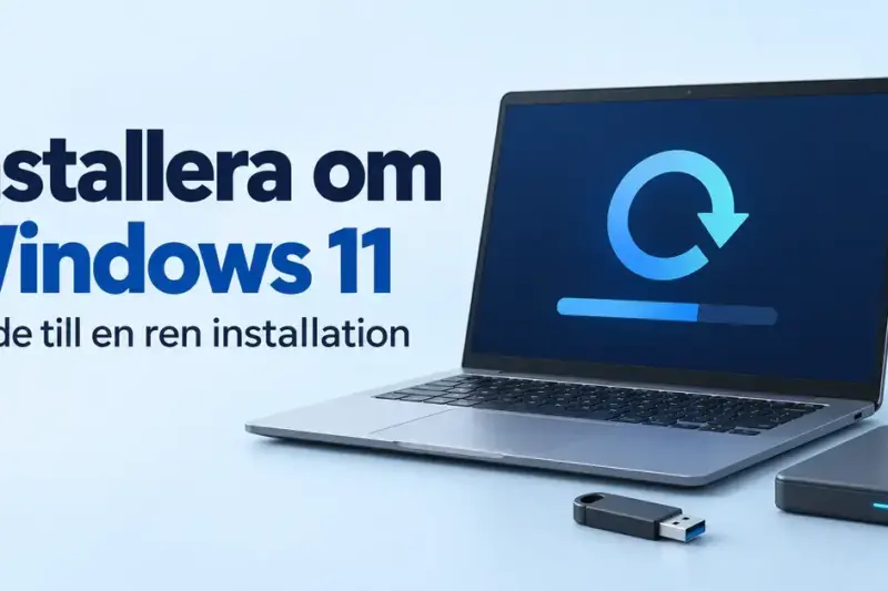 Illustration av en bärbar dator med en ominstallationssymbol, ett USB-minne och en extern hårddisk samt texten ”Installera om Windows 11 – Guide till en ren installation”.