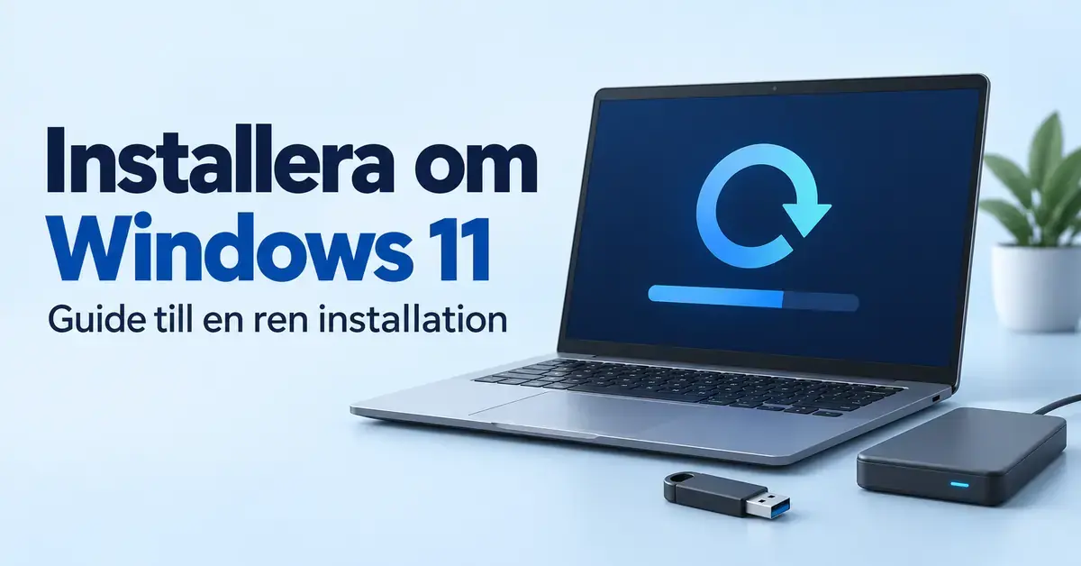 Illustration av en bärbar dator med en ominstallationssymbol, ett USB-minne och en extern hårddisk samt texten ”Installera om Windows 11 – Guide till en ren installation”.