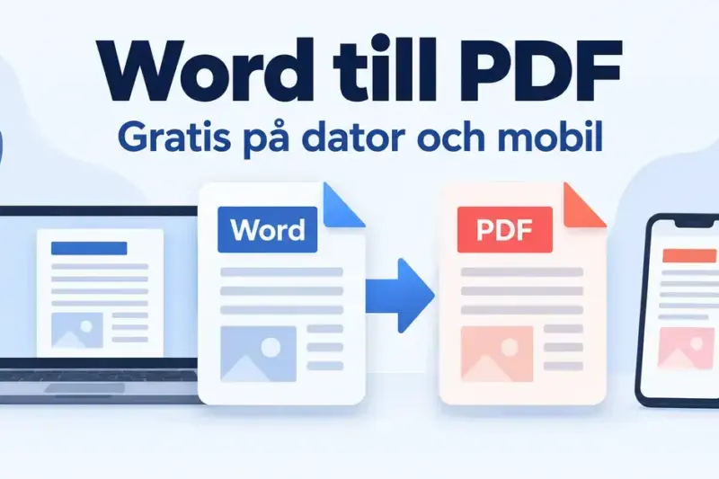 Illustration av ett Word-dokument som konverteras till PDF med en pil, en bärbar dator och en mobil samt texten ”Word till PDF – Gratis på dator och mobil”.