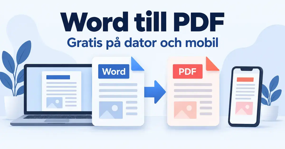 Illustration av ett Word-dokument som konverteras till PDF med en pil, en bärbar dator och en mobil samt texten ”Word till PDF – Gratis på dator och mobil”.