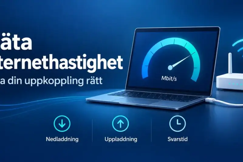 Illustration av en bärbar dator med hastighetsmätare och en router samt symboler för nedladdning, uppladdning och svarstid.