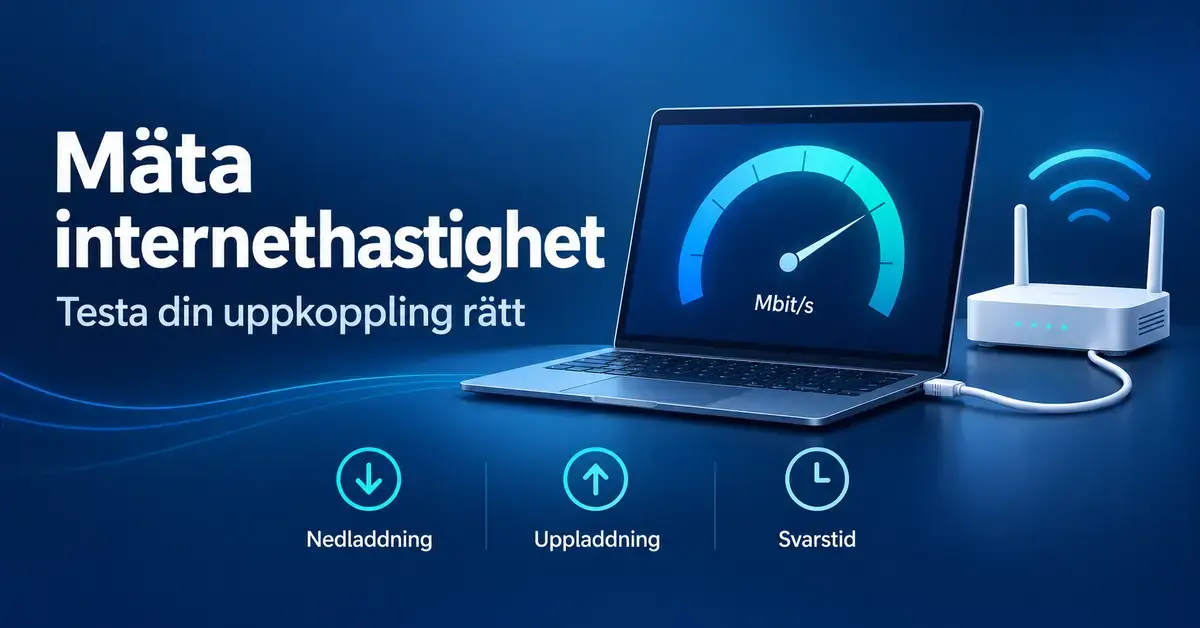 Illustration av en bärbar dator med hastighetsmätare och en router samt symboler för nedladdning, uppladdning och svarstid.
