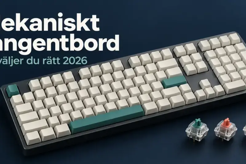 Mekaniskt tangentbord med ljusa och turkosa tangenter samt tre lösa switchar mot mörk bakgrund, med texten ”Mekaniskt tangentbord – Så väljer du rätt 2026”.