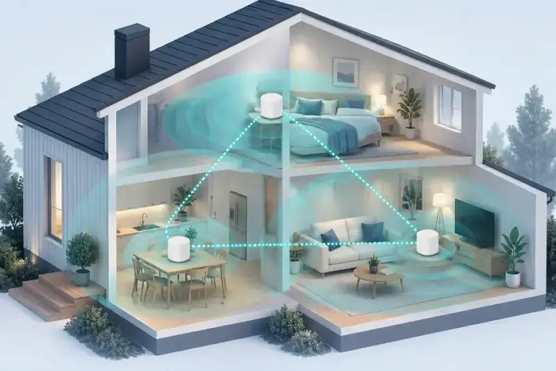 Illustration av tre sammankopplade mesh-noder som sprider wifi i kök, vardagsrum och sovrum på två våningar i ett hus.