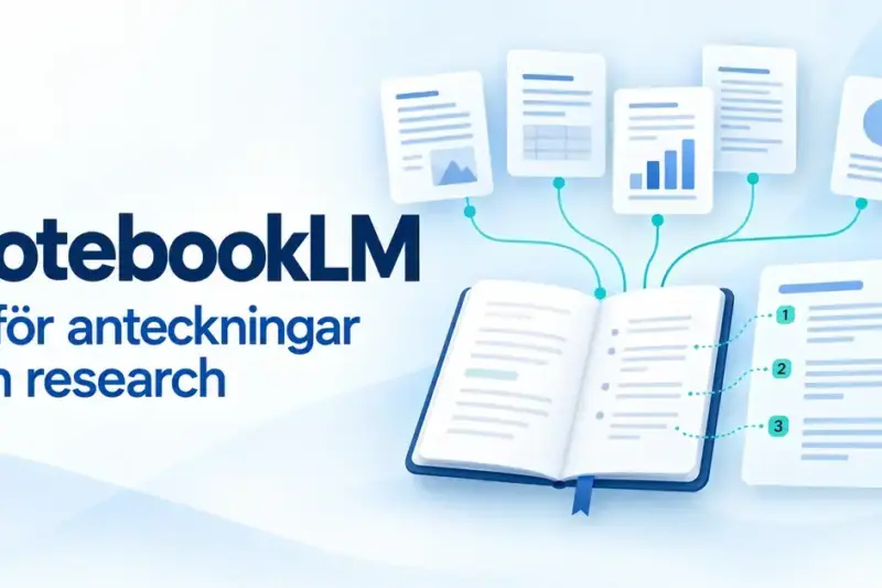 Illustration av NotebookLM med dokument kopplade till en öppen anteckningsbok och en sammanfattning med numrerade källhänvisningar.
