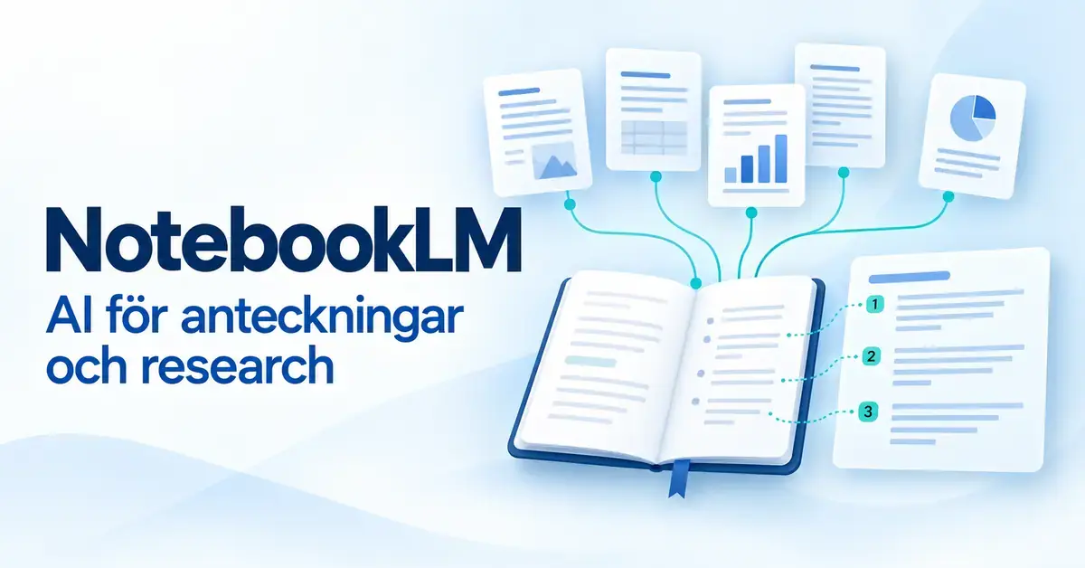Illustration av NotebookLM med dokument kopplade till en öppen anteckningsbok och en sammanfattning med numrerade källhänvisningar.