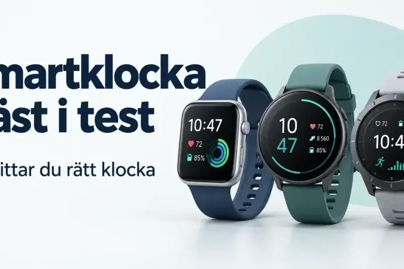 Tre smartklockor med blått, grönt och grått armband bredvid texten ”Smartklocka bäst i test – Så hittar du rätt klocka”.
