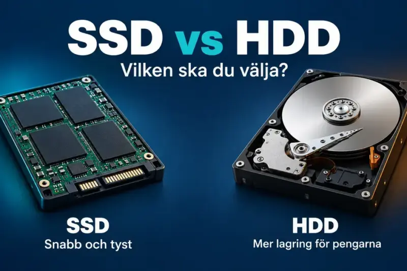 Jämförelse mellan en SSD med minneskretsar och en mekanisk HDD, där SSD lyfts fram som snabb och tyst och HDD som mer lagring för pengarna.