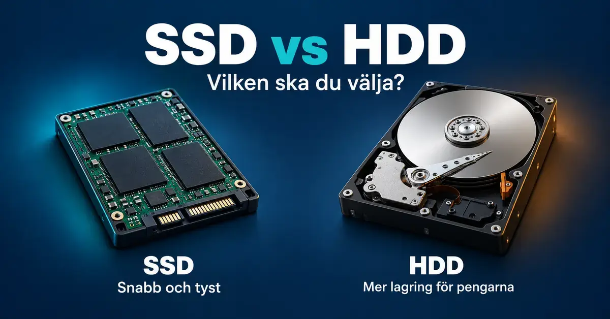 Jämförelse mellan en SSD med minneskretsar och en mekanisk HDD, där SSD lyfts fram som snabb och tyst och HDD som mer lagring för pengarna.