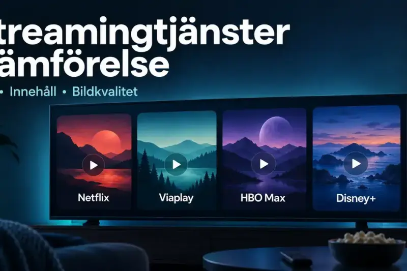 En tv visar Netflix, Viaplay, HBO Max och Disney+ under rubriken ”Streamingtjänster i jämförelse” med fokus på pris, innehåll och bildkvalitet.