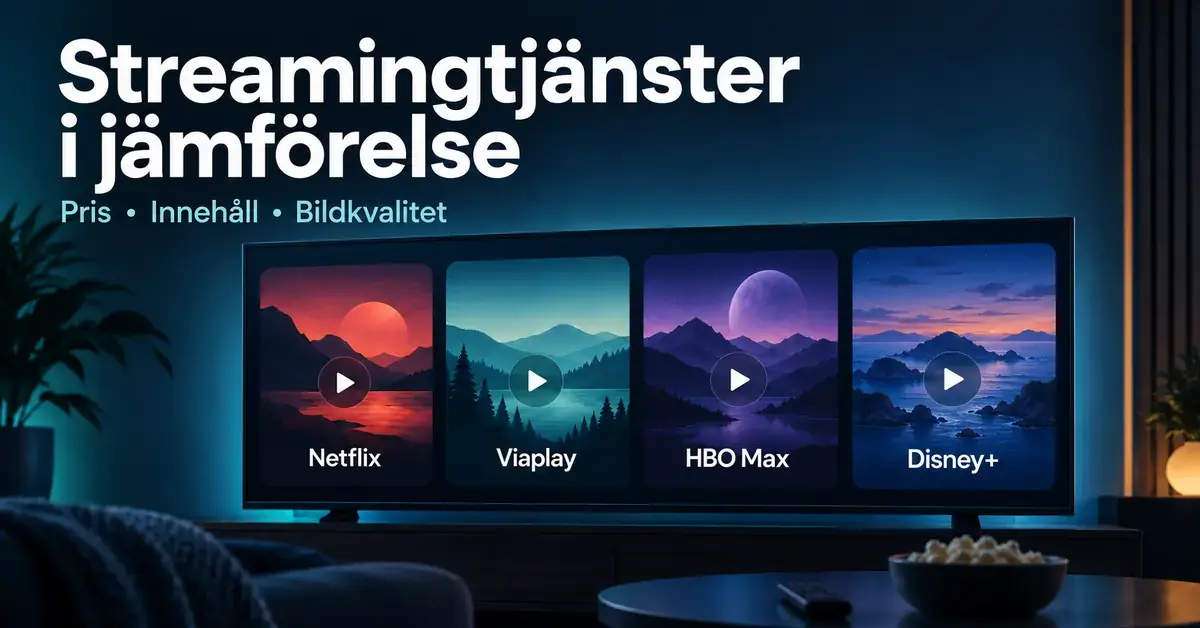 En tv visar Netflix, Viaplay, HBO Max och Disney+ under rubriken ”Streamingtjänster i jämförelse” med fokus på pris, innehåll och bildkvalitet.