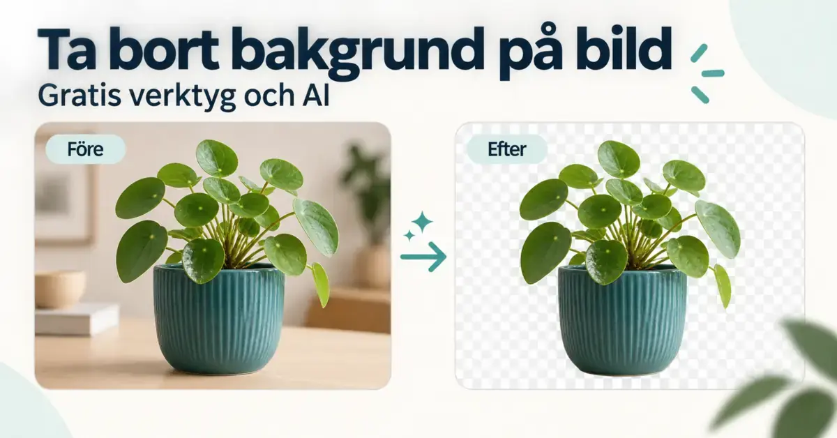 En krukväxt visas före och efter AI-baserad bakgrundsborttagning, med ett rutmönster som illustrerar genomskinlig bakgrund i den frilagda bilden.