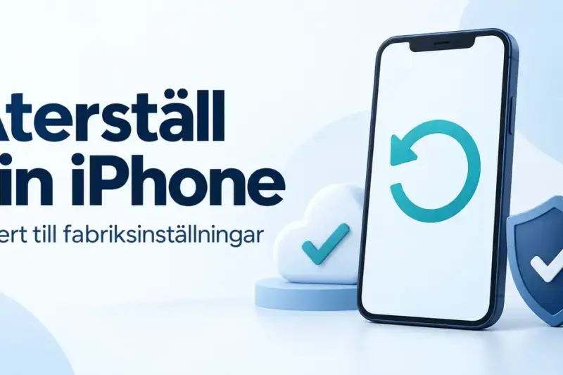 Illustration av en iPhone med återställningspil, ett moln med bock och en skyddssköld intill texten ”Återställ din iPhone – Säkert till fabriksinställningar”.