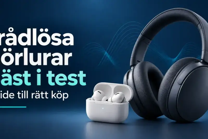 Svarta trådlösa hörlurar och vita öronsnäckor i ett laddningsfodral mot mörkblå bakgrund med texten ”Trådlösa hörlurar – Bäst i test – Guide till rätt köp”.