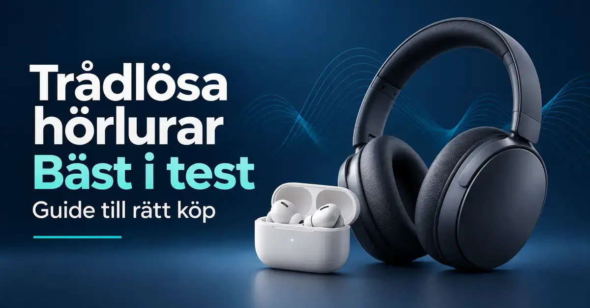 Svarta trådlösa hörlurar och vita öronsnäckor i ett laddningsfodral mot mörkblå bakgrund med texten ”Trådlösa hörlurar – Bäst i test – Guide till rätt köp”.