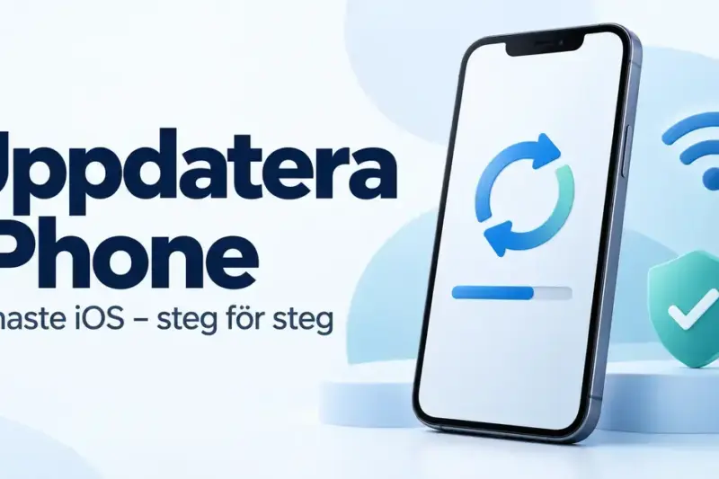 Illustration av en iPhone med uppdateringssymbol och förloppsindikator, intill en wifi-symbol och en säkerhetssköld samt texten ”Uppdatera iPhone – Senaste iOS – steg för steg”.