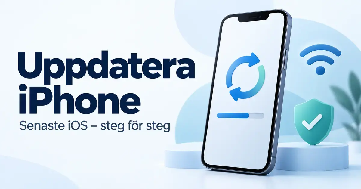 Illustration av en iPhone med uppdateringssymbol och förloppsindikator, intill en wifi-symbol och en säkerhetssköld samt texten ”Uppdatera iPhone – Senaste iOS – steg för steg”.