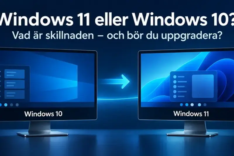 Två bildskärmar illustrerar Windows 10 och Windows 11 med en pil mellan dem och frågan om skillnaderna och en uppgradering.